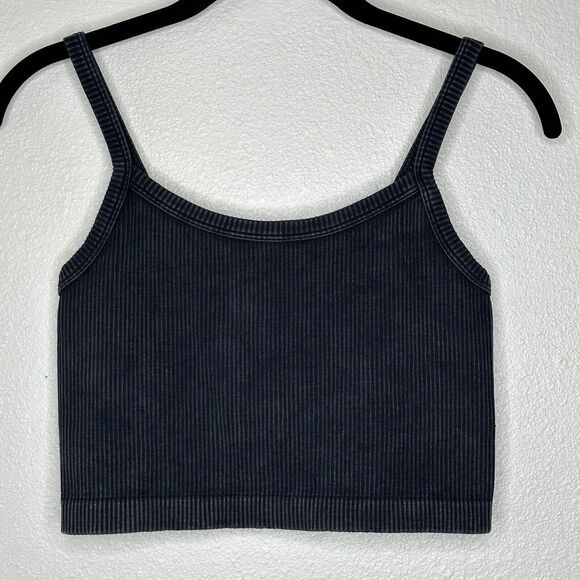 Forever 21 Faded Black Ribbed Square Neck Spaghetti Strap Crop Tank Top S / M - Picture 1 of 9